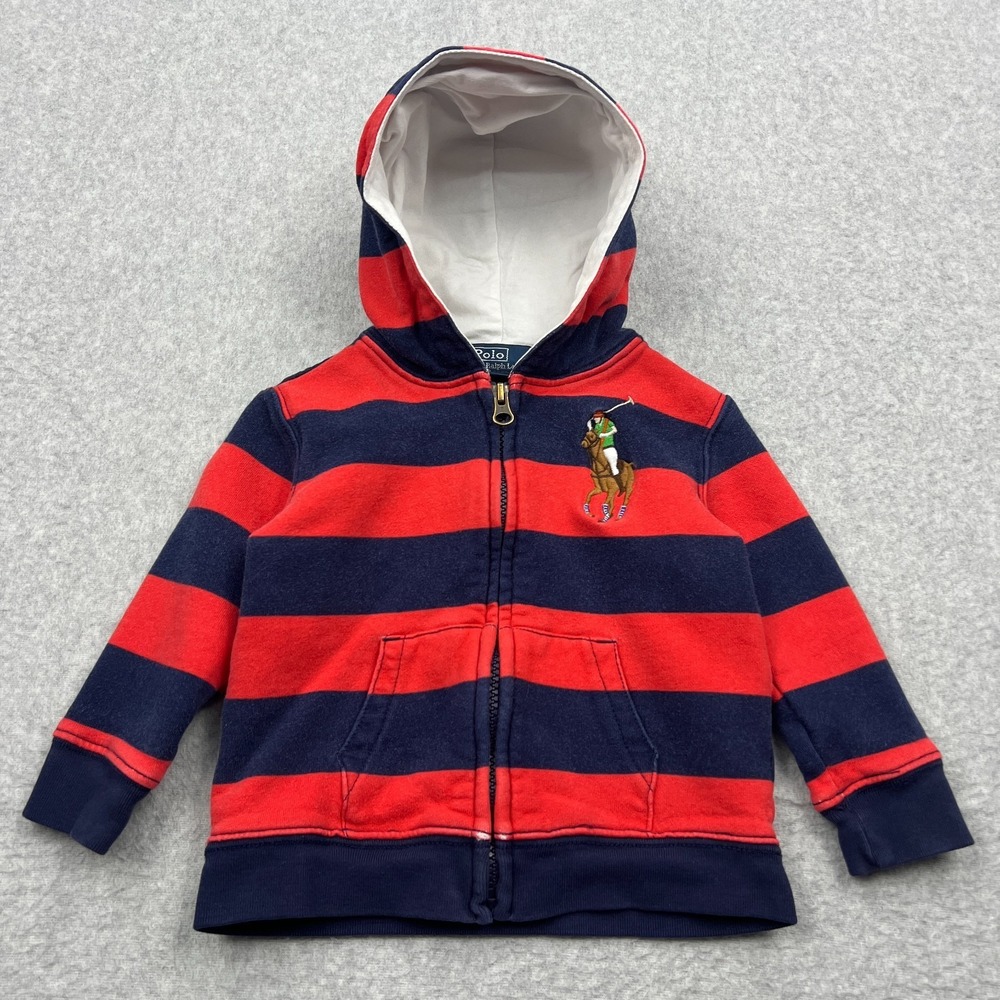 Polo Ralph Lauren Hoodie Boys 18M Red Stripe Big Flesh Pony Rugby Zip Sweatshirt